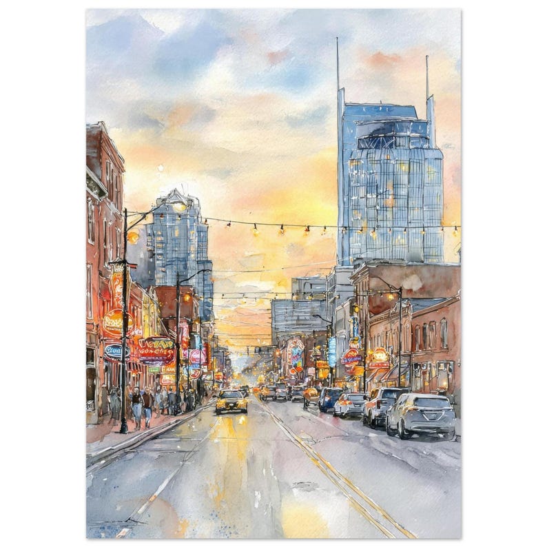 Nashville Watercolor Painting Print: Broadway Street Wall Art Tennessee Cityscape Canvas by NataliaAyuArt image 1