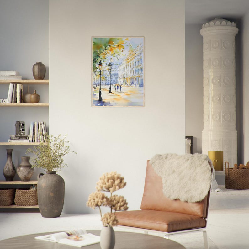 Aquarelprint van Wenen: Oostenrijkse stadsgezicht muurdecoratie, kunstwerk met historische Europese architectuur afbeelding 6