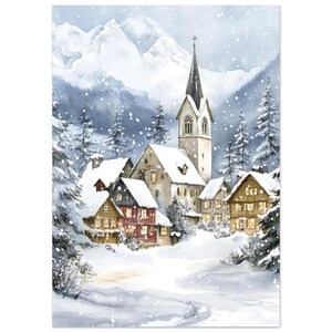 Puede incluir: Pintura a la acuarela de un pueblo nevado en un valle de montaña. La escena presenta una iglesia con un alto campanario, rodeada de casas con tejados cubiertos de nieve. Los árboles de hoja perenne y la nieve que cae completan el paisaje invernal.