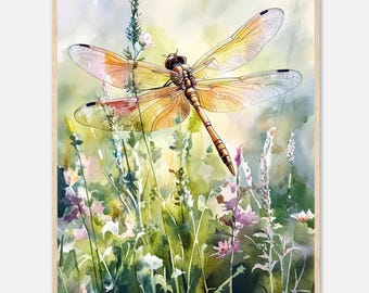 Dragonfly Watercolor Painting Print: Botanical Insect Wall Art