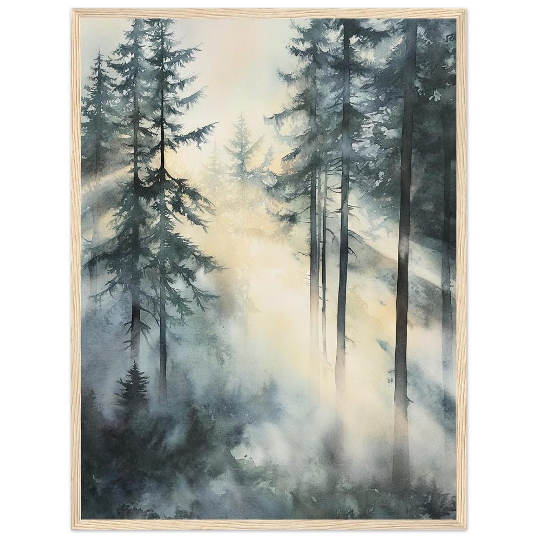 Misty Pine Forest Watercolor Print: Sunlit Woodland Wall Art Foggy ...
