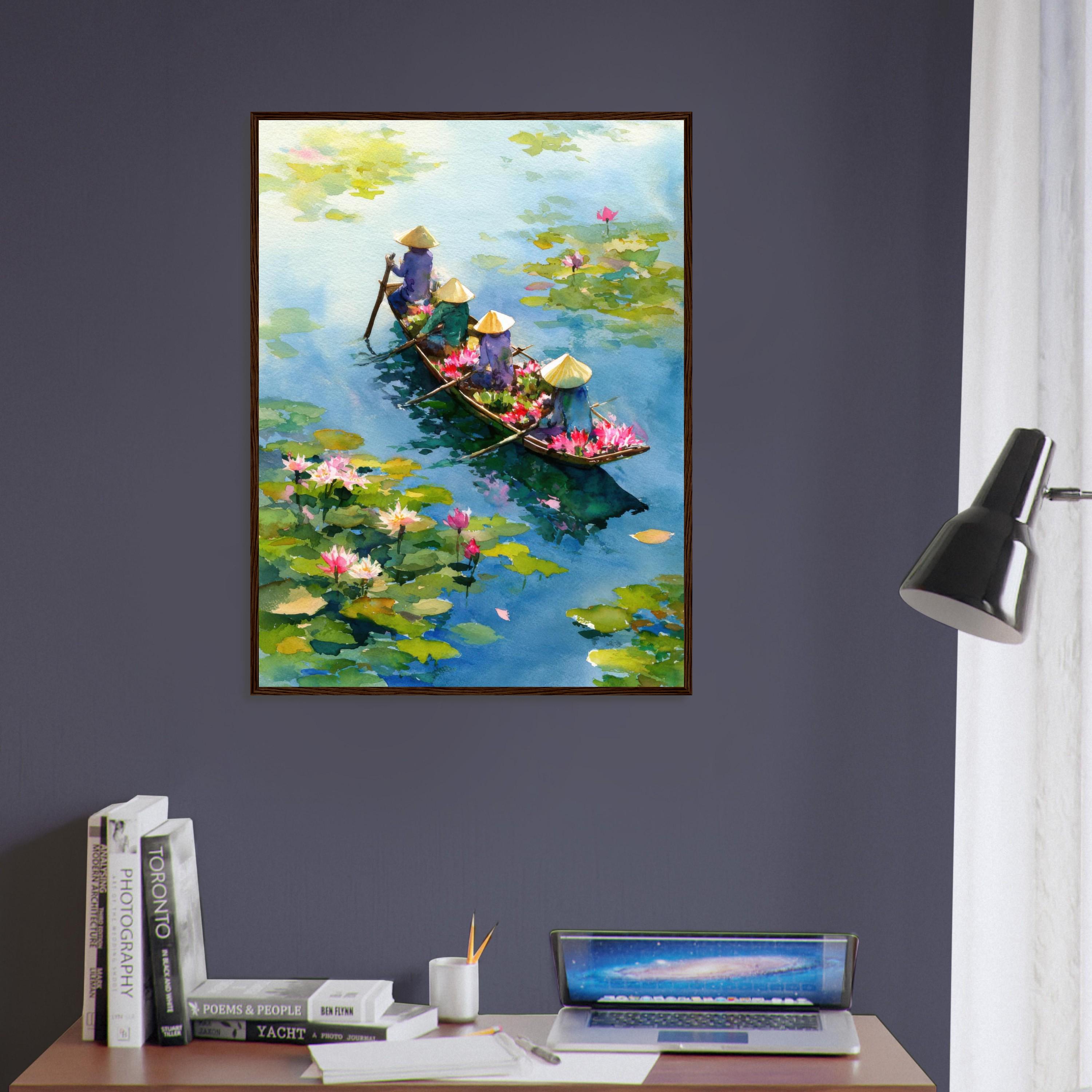 ベトナムの蓮池の水彩画プリント：アジアの壁掛けアート、ベトナム人