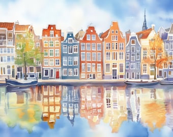 Stampa ad acquerello di case sui canali di Amsterdam: architettura olandese da appendere al muro