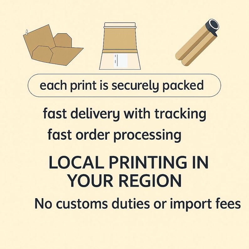 Puede incluir: Tres iconos que representan m&eacute;todos de embalaje: una caja de cart&oacute;n marr&oacute;n, un tubo cil&iacute;ndrico y un paquete plano. El texto dice: each print is securely packed, fast delivery with tracking, fast order processing, LOCAL PRINTING IN YOUR REGION, No customs duties or import fees.