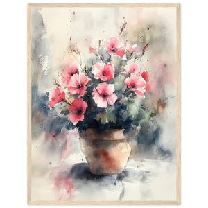 Può includere: Un dipinto ad acquerello di un mazzo di fiori rosa in un vaso di terracotta. I fiori sono disposti in uno stile sciolto e naturale, e lo sfondo è un grigio morbido e smorzato.