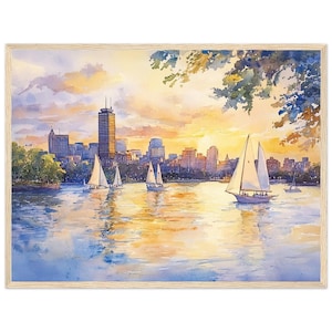 ボストンのスカイラインの水彩画、ボストンの夕日のヨットの壁アートプリント、ボストンの街並みのアート、チャールズ川のセーリングアート、NataliaAyuArt 作