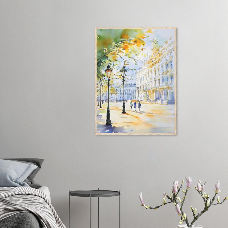 Aquarelprint van Wenen: Oostenrijkse stadsgezicht muurdecoratie, kunstwerk met historische Europese architectuur afbeelding 5