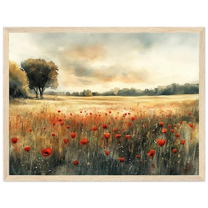 Red Poppies Field Watercolor Painting PRINT Poppies Serene Landscape Wall Art Print Countryside Nature Artwork Canvas by NataliaAyuArt