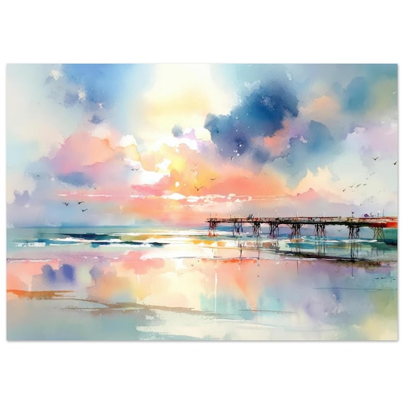St. Augustine Beach Sunset Watercolor Print: Seascape Wall Art Florida Ocean Painting