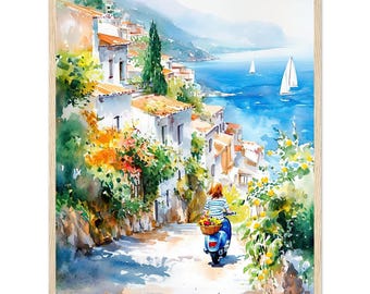 Amalfi Coast Watercolor Painting Print Mediterranean Coastal Village Wall Art Print Seaside Scooter Ride Travel Artwork by NataliaAyuArt