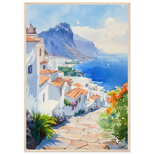 Tenerife Watercolor Painting Print Santa Cruz Volcano Sea View Wall Art Print Canary Islands Travel Poster Tenerife Artwork by NataliaAyuArt
