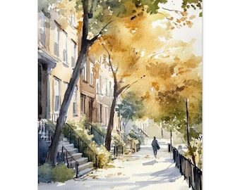 Brooklyn Brownstones Watercolor Print: New York Autumn Street Art