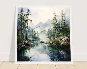 霧深い山の川の水彩画プリント：静かな松林の風景壁掛けアート - Etsy 日本
