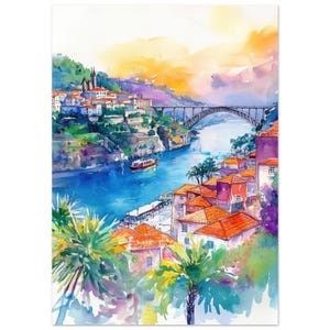 Aquarelprint van Porto, Portugal: muurkunst met stadsgezicht van rivier de Douro afbeelding 1