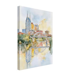 Impresión en acuarela del horizonte de Nashville: paisaje urbano de Tennessee, puente del centro, arte de EE. UU. imagen 7