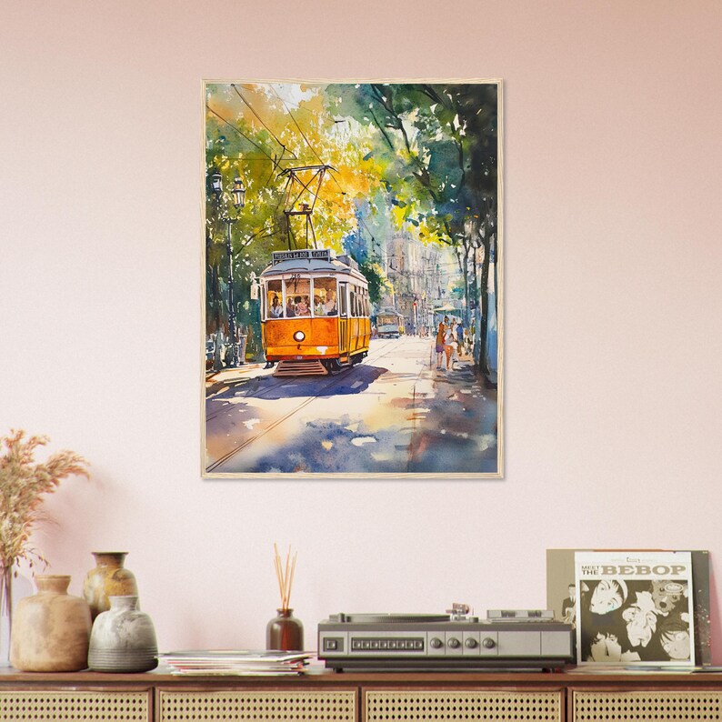 May include: A watercolor painting of a yellow streetcar traveling down a street lined with trees. The streetcar is full of passengers and the sun is shining brightly.