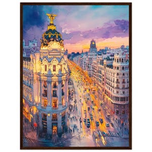 マドリード グランビア 水彩画 プリント スペイン マドリード 夕暮れ 都市景観 ウォールアートプリント マドリード 建築 旅行 アートワーク NataliaAyuArt