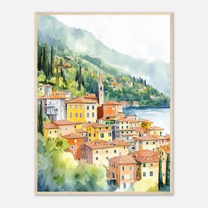 Lake Como Italy Watercolor Print Italy Village Mountain Lakeside View Wall Art Print Colorful Italian Architecture Artwork by NataliaAyuArt