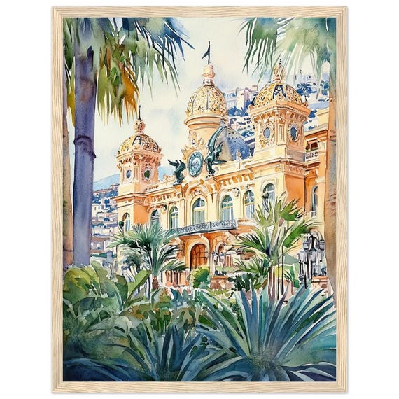 Monaco Casino Watercolor Print: Elegant Mediterranean Architecture
