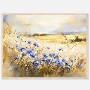 Peut inclure: Une peinture à l'aquarelle d'un champ de fleurs bleues sauvages dans un champ de blé doré. Les fleurs sont au premier plan et le champ de blé s'étend au loin.