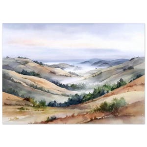 North Dakota Landscape Wall Art Print Rolling Hills Foggy Prairie Watercolor Print North Dakota Minimal Nature Scene Poster by NataliaAyuArt