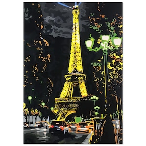 Eiffel Tower Paris Wall Art Print, Glowing Eiffel Tower at Night Painting, France Paris Travel Wall Art, Poster or Canvas by NataliaAyuArt