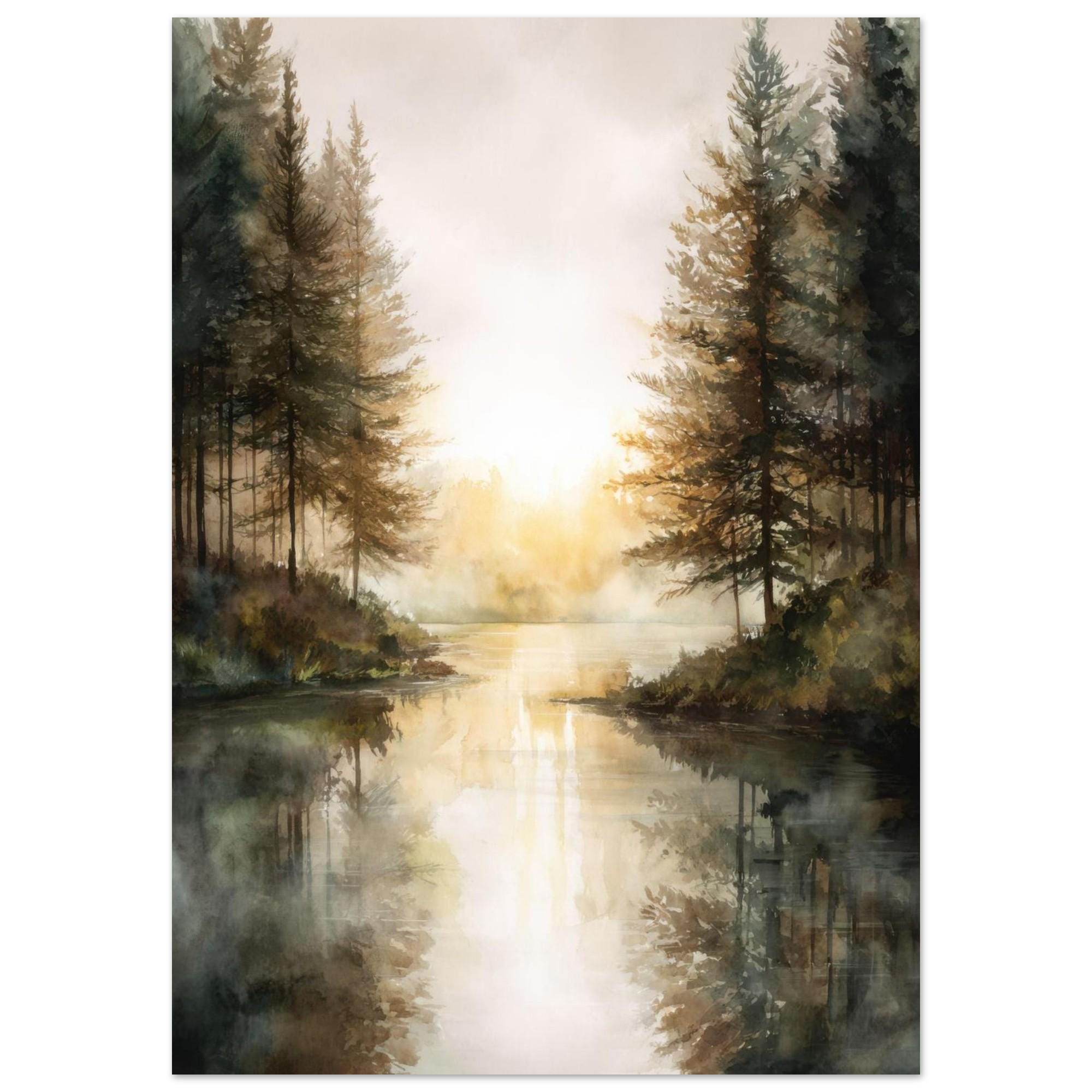 Misty Forest Lake Watercolor Print: Serene Sunrise Landscape Wall Art ...