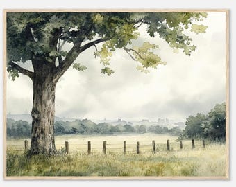 Foggy Countryside Tree Watercolor Print: Peaceful Nature Wall Art