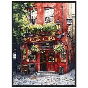 May include: A watercolor painting of a red brick building with a sign that reads "The Temple Bar". The building has a green awning and a door with a glass window. There are plants hanging from the awning and a street lamp in front of the building.