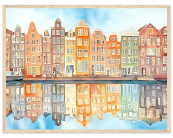 Stampa ad acquerello delle case sui canali di Amsterdam: dipinto colorato di architettura olandese, arte dei Paesi Bassi