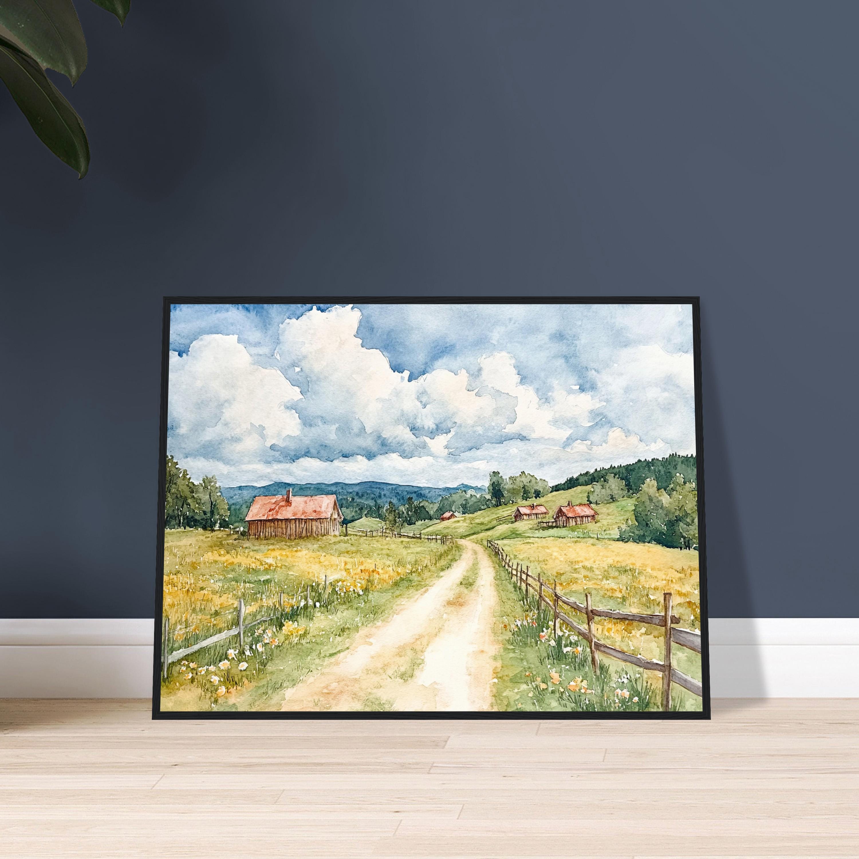素朴な農家風水彩画プリント：穏やかな田園風景の壁掛けアート - Etsy 日本