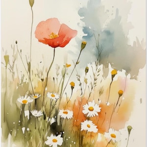 Stampa artistica di un dipinto ad acquerello di un papavero rosso e di un fiore di campo di una margherita. Stampa artistica da parete di un papavero rosso e di una camomilla. Opera d'arte di un prato estivo di NataliaAyuArt.