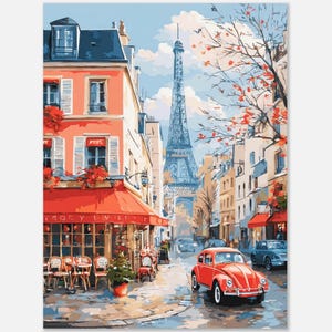 Puede incluir: Pintura de una calle parisina con la Torre Eiffel al fondo. Un toldo rojo de café y un coche rojo vintage son prominentes. Los edificios están pintados en tonos cálidos, con flores rojas y cielo azul.
