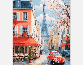 Eiffelturm Aquarell Print: Paris Straßenszene mit rotem Auto