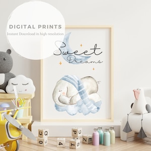 Sweet Dreams, Schlafender Baby Elefant, DIGITALDRUCKE, Hochwertig, BabyZimmer Wanddekoration, Wandkunst, süße Aquarell druckbar, Home Decor