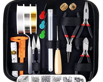 May include: A black zippered case with a variety of jewelry making tools, including pliers, cutters, a needle threader, a ruler, and a spool of wire. The case also includes a small container of assorted beads and findings.