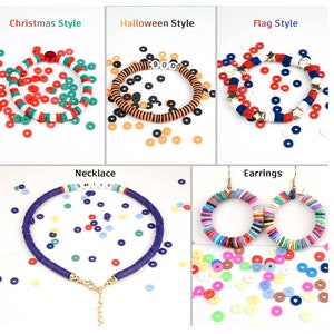 May include: A collection of handmade jewelry, including necklaces and earrings, with a variety of styles. The Christmas style features red, green, and white beads. The Halloween style has orange and black beads with the word "BOO". The Flag style has red, white, and blue beads with star accents.