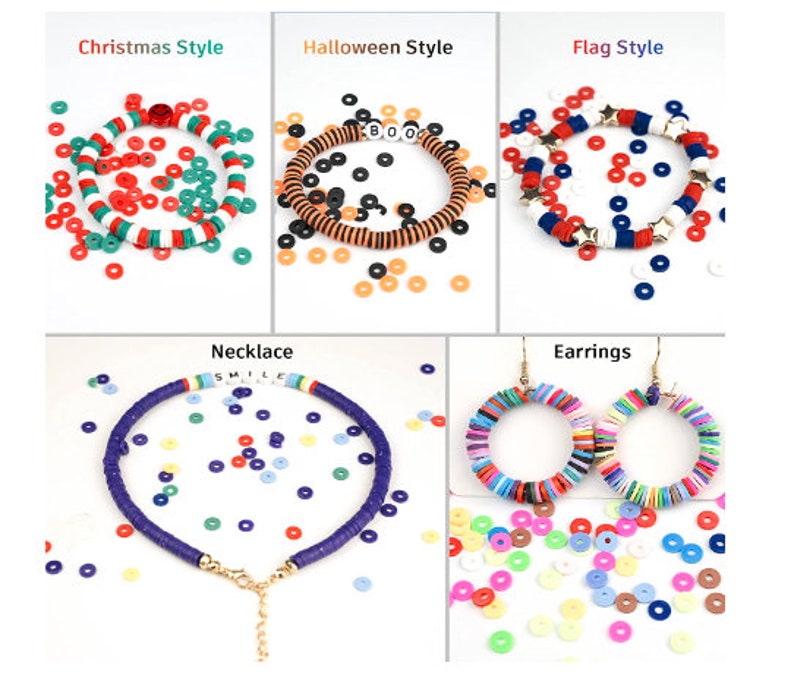 May include: A collection of handmade jewelry, including necklaces and earrings, with a variety of styles. The Christmas style features red, green, and white beads. The Halloween style has orange and black beads with the word "BOO". The Flag style has red, white, and blue beads with star accents.
