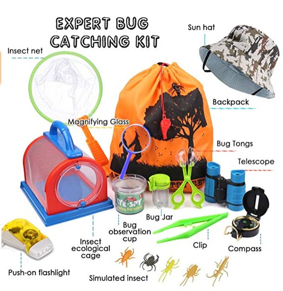 ESSENSON Kit D’exploration Nature – Capture D’insectes Avec Gilet, Jumelles, Filet à Papillons, Sac à Dos, Cadeau Enfant 3-12 Ans