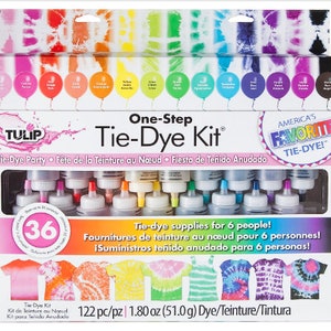 May include: A Tulip One-Step Tie-Dye Kit with 36 bottles of dye, enough for 6 people. The kit includes instructions and examples of tie-dye designs.  The box is white with a colorful design and the text "America's Favorite Tie-Dye!"
