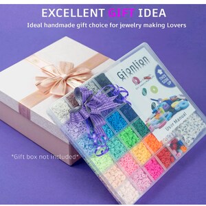 May include: A jewelry making kit with a variety of colorful beads, arranged in a clear plastic organizer. The kit is presented with a gift box tied with a pink ribbon and a purple bow. Text on the image reads "EXCELLENT GIFT IDEA".