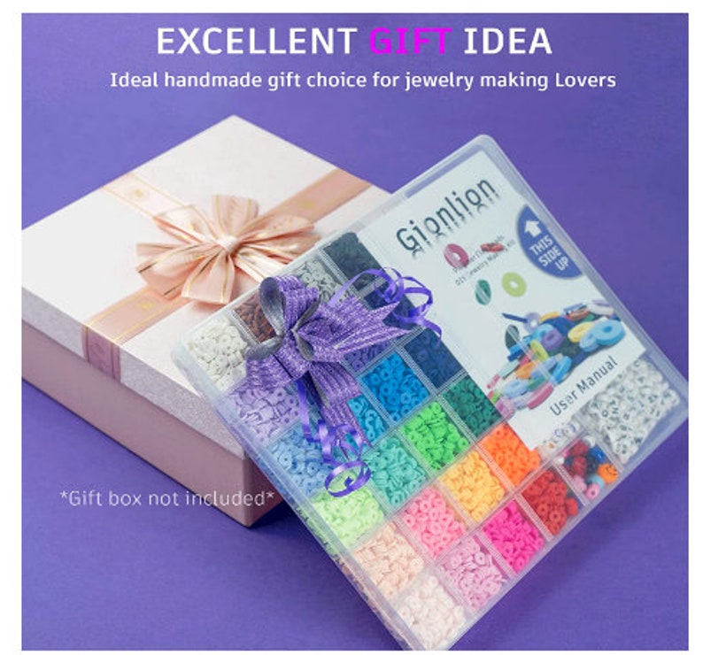 May include: A jewelry making kit with a variety of colorful beads, arranged in a clear plastic organizer. The kit is presented with a gift box tied with a pink ribbon and a purple bow. Text on the image reads "EXCELLENT GIFT IDEA".