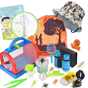 May include: A bug catching kit for kids includes a magnifying glass, a bug net, a bug container, a pair of binoculars, a compass, a flashlight, a book about insects, a drawstring bag, and a pair of tweezers.