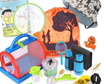 May include: A bug catching kit for kids includes a magnifying glass, a bug net, a bug container, a pair of binoculars, a compass, a flashlight, a book about insects, a drawstring bag, and a pair of tweezers.