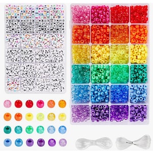4000pcs Pony Beads Kit Includes 2400pcs Rainbow Pony Beads & 1600pcs Letter Beads, 24 Colors 4 Styles Kandi Beads for Bracelets and Jewelry