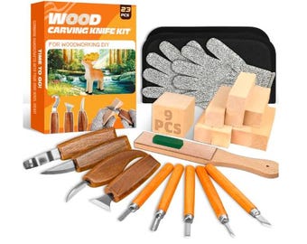 23PCS Wood Carving Tool with 4PCS Wood Carving Knives & 5PCS Detail Knives/9 Basswood Blocks, Gloves , Roll Bag,  and Strop Block.