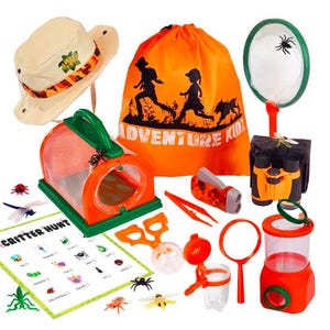 May include: A children's adventure kit with a beige hat, orange drawstring bag with "ADVENTURE KID" text, bug catching net, binoculars, a flashlight, and a "Critter Hunt" chart. Includes a bug observation container, magnifying glass, and tweezers.