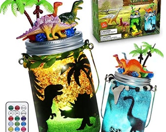 DIY Dinosaur Lantern Craft Kit w/ 6 Mini Dinosaurs, Dino Night Light Craft Project for Kids ages 6 - 10 Years Old , Create a Dino World
