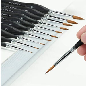 May include: A set of 10 paint brushes with black handles and silver metal ferrules. The brushes have different sizes, ranging from 0 to 8. The brushes are arranged in order of size, with the smallest brush on the left and the largest brush on the right.