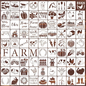 May include: A collection of wooden stencils featuring farm-themed designs. The stencils include images of farm animals, produce, and phrases like "Farm Fresh" and "Welcome to our Farmhouse".